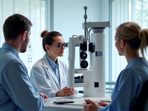 Opticien réalisant un examen de la vue avec des appareils modernes