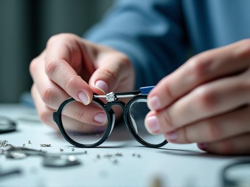Mains d'un opticien ajustant ou réparant des lunettes dans un atelier